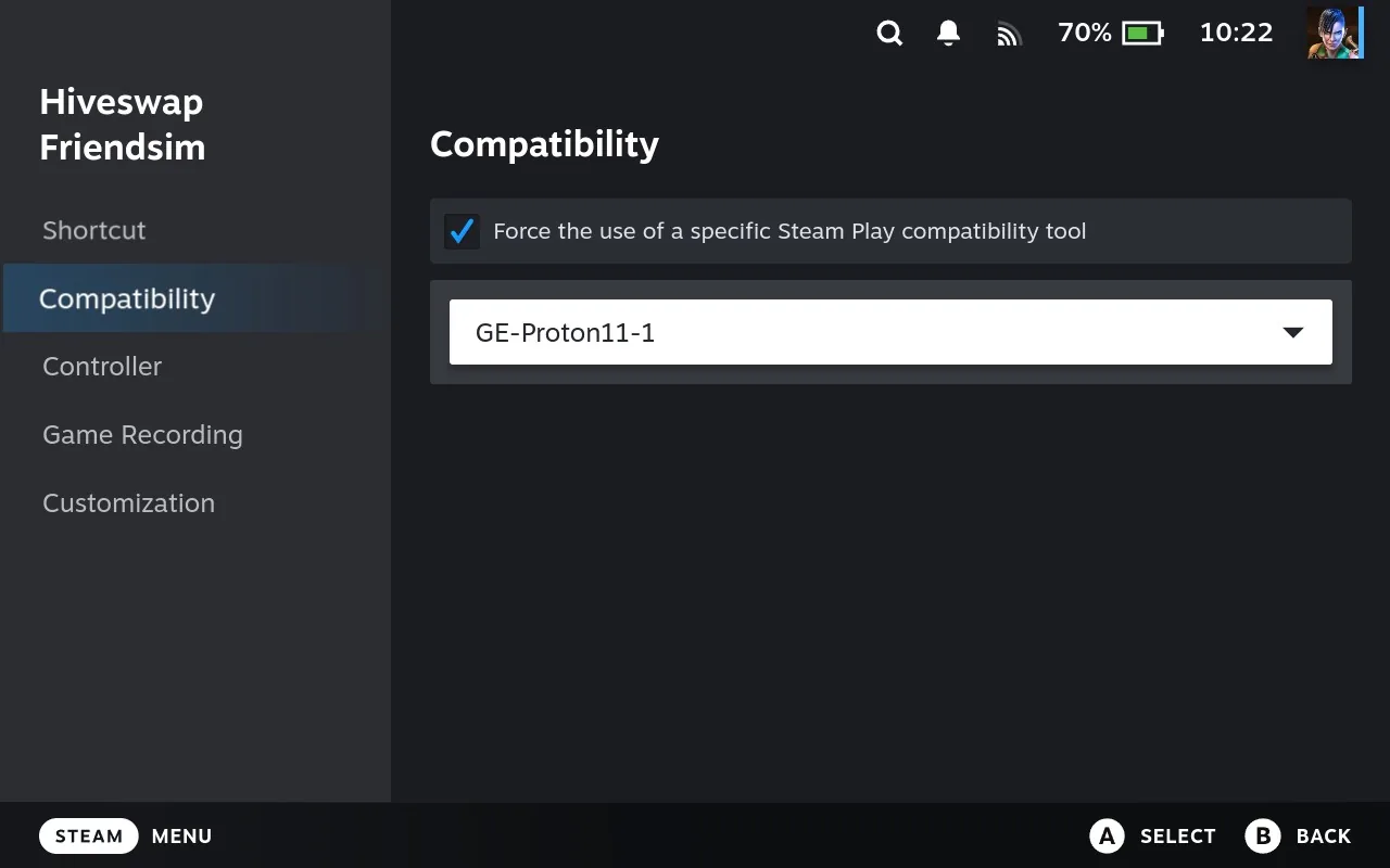 Steam Compatibility settings with Force compatibility ticked and GE-Proton selected