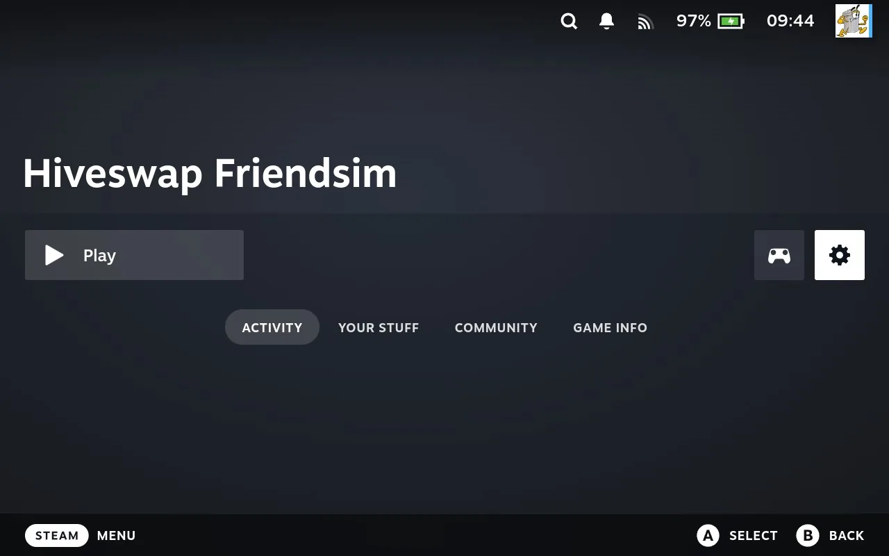 Steam game page for the title with the cog icon selected