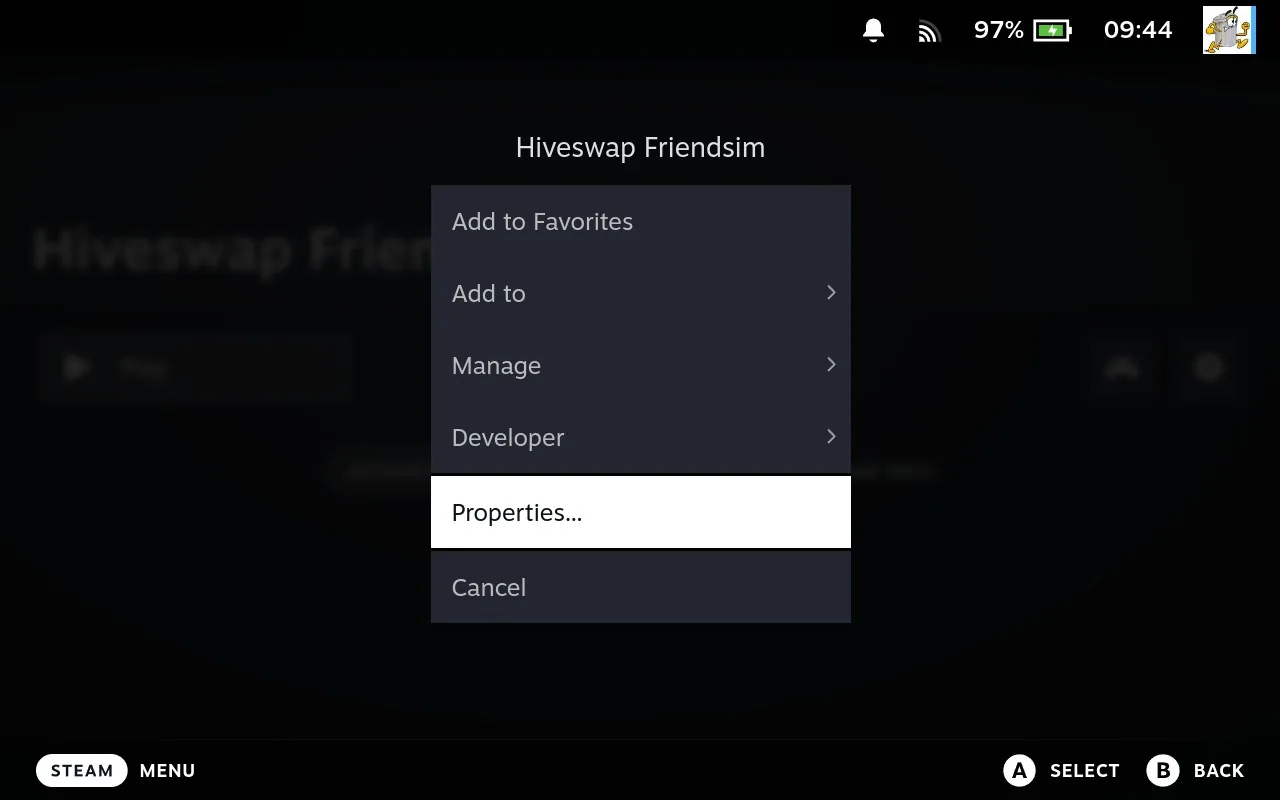 Steam game menu with Properties selected